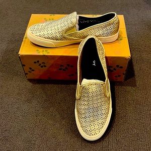 Sperry light metallic perforated leather slip on sneakers
